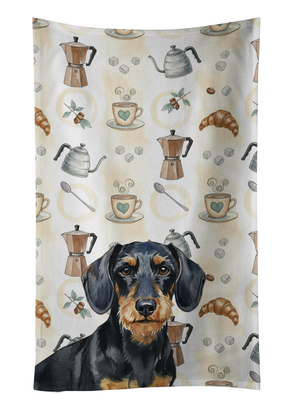 Wirehaired Black and Tan Dachshund Coffee Bar Kitchen Towel Velour Plush Front and Cotton Loop Back Machine Washable