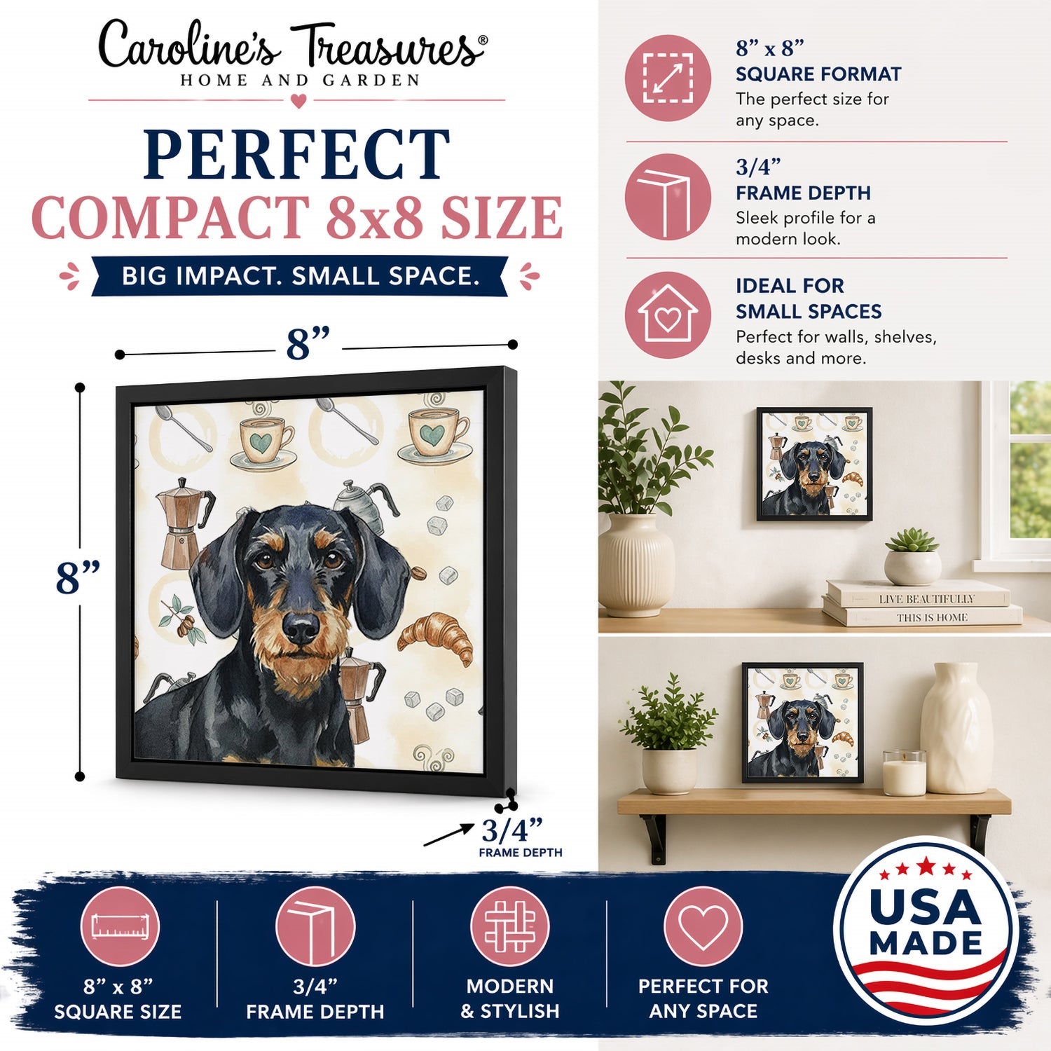 Wirehaired Black and Tan Dachshund Coffee Bar Framed Metal Print Bathroom, Kitchen, Office, Home Decor Wall Art Ready to Hang, Square, 8X8