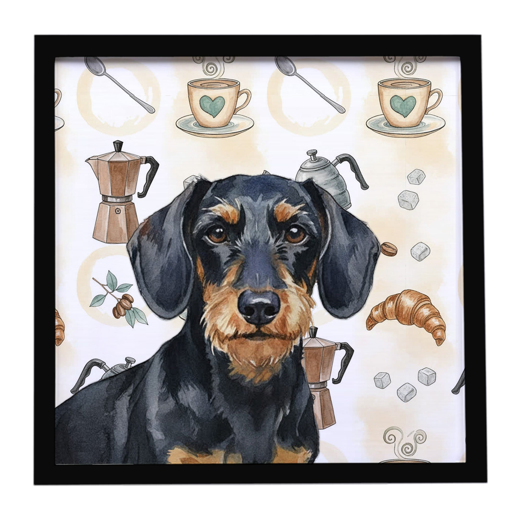Wirehaired Black and Tan Dachshund Coffee Bar Framed Metal Print Bathroom, Kitchen, Office, Home Decor Wall Art Ready to Hang, Square, 8X8