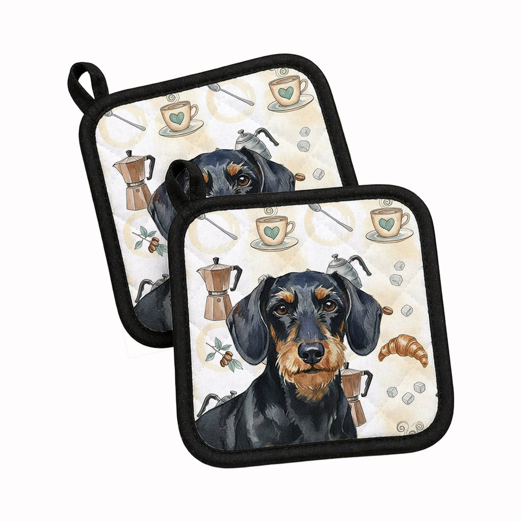 Wirehaired Black and Tan Dachshund Coffee Bar Pot Holder Set of 2 Heat Resistant Quilted Hot Pads 7.5 x 7.5 Inch, Insulated Kitchen Trivets for Cooking & Baking