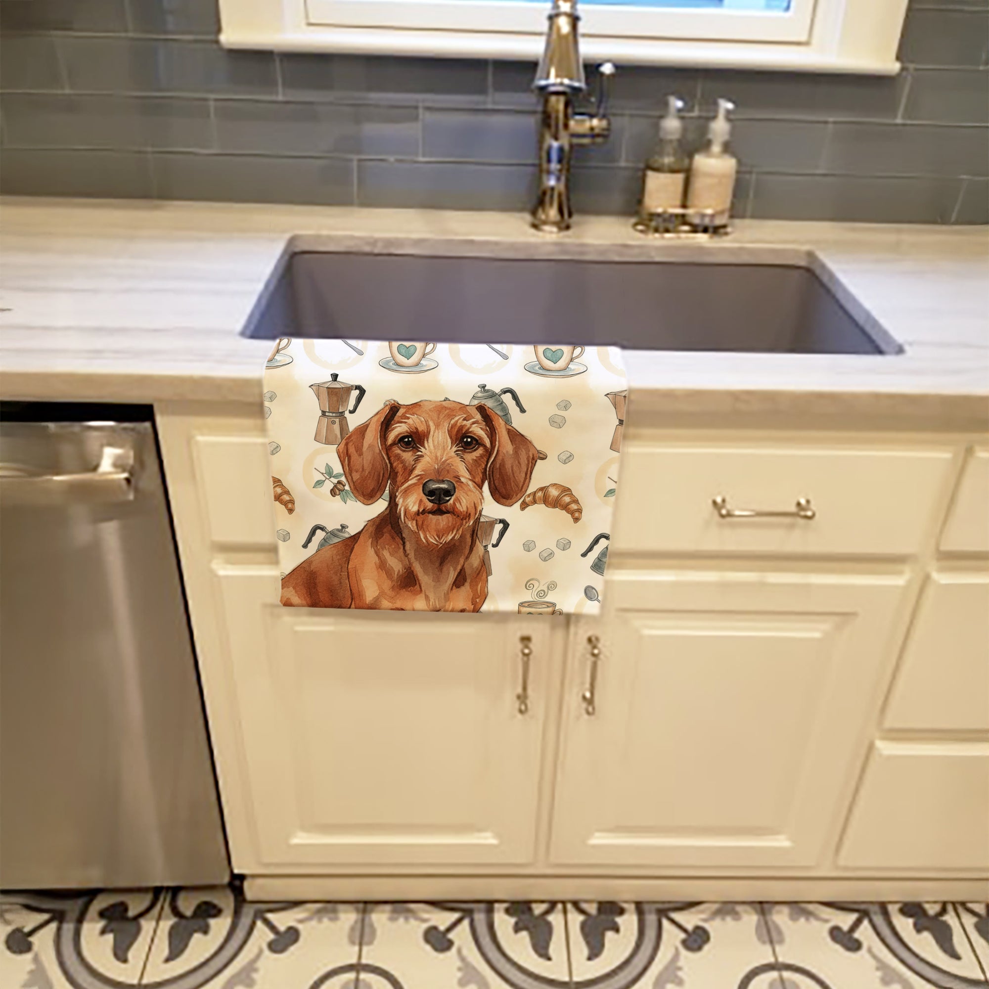 Wirehaired Red Dachshund Coffee Bar Kitchen Towel Velour Plush Front and Cotton Loop Back Machine Washable