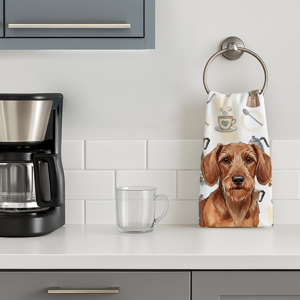 Wirehaired Red Dachshund Coffee Bar Kitchen Towel Velour Plush Front and Cotton Loop Back Machine Washable