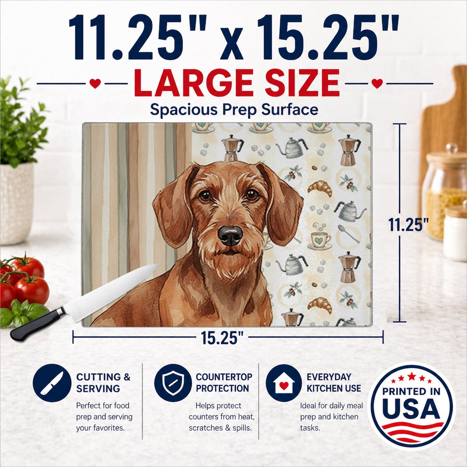 Wirehaired Red Dachshund Coffee Bar Cutting Board Tempered Glass Kitchen Cutting Surface, Heat Resistant Chopping, Non-Slip Feet, Food Prep & Serving