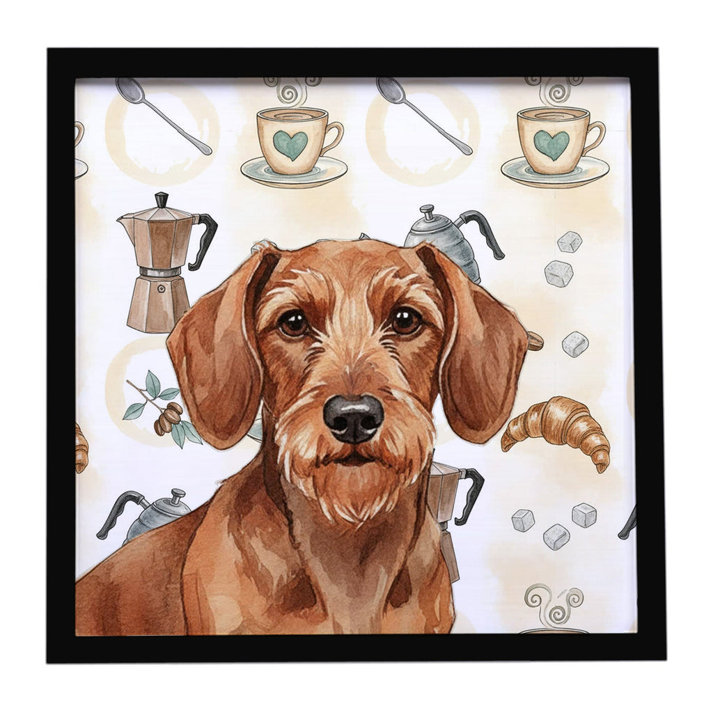 Wirehaired Red Dachshund Coffee Bar Framed Metal Print Bathroom, Kitchen, Office, Home Decor Wall Art Ready to Hang, Square, 8X8
