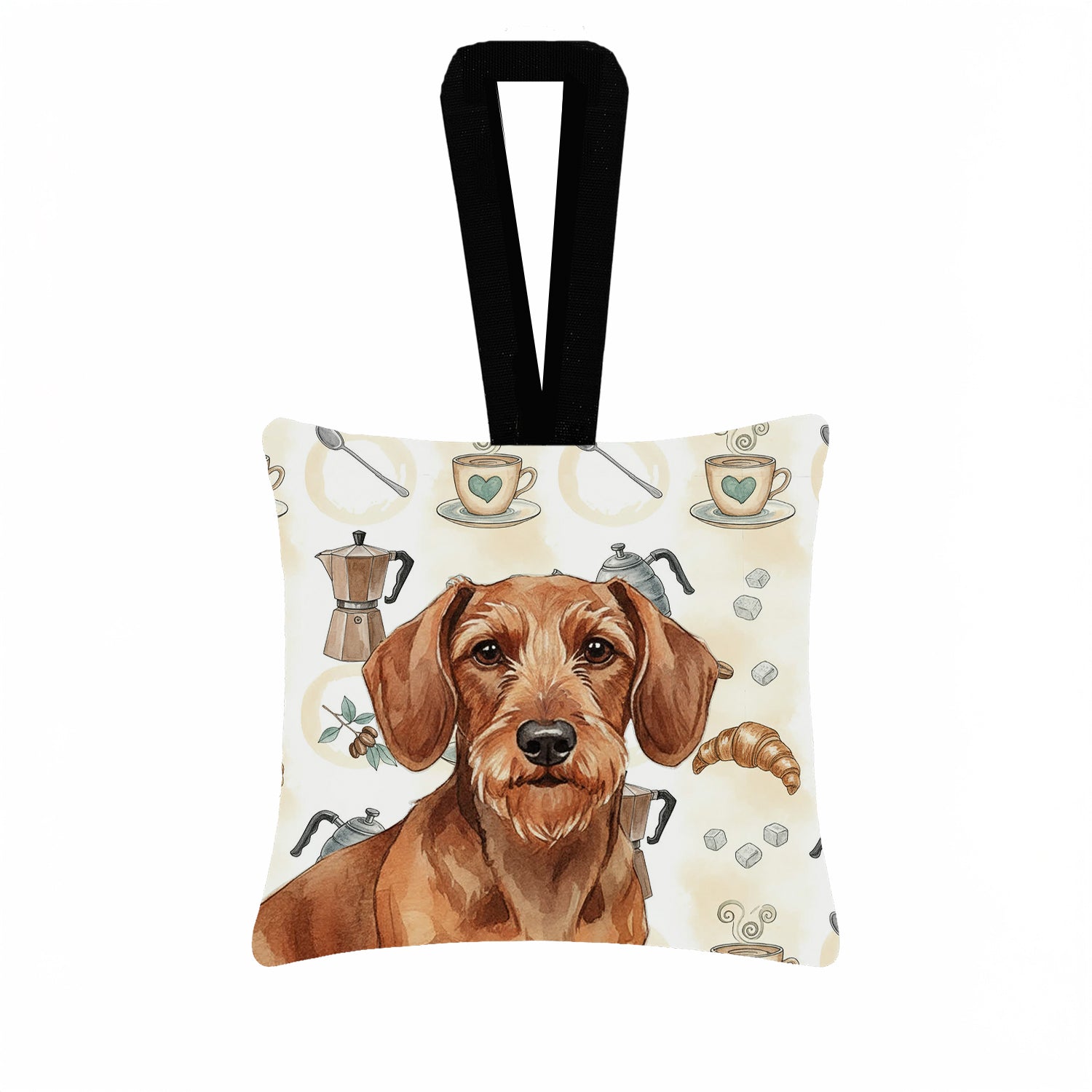 Wirehaired Red Dachshund Coffee Bar Hanging Square Fabric Ornament 3.5 � 3.5 Decorative Door-Knob & Tree Hanger, Soft Fabric