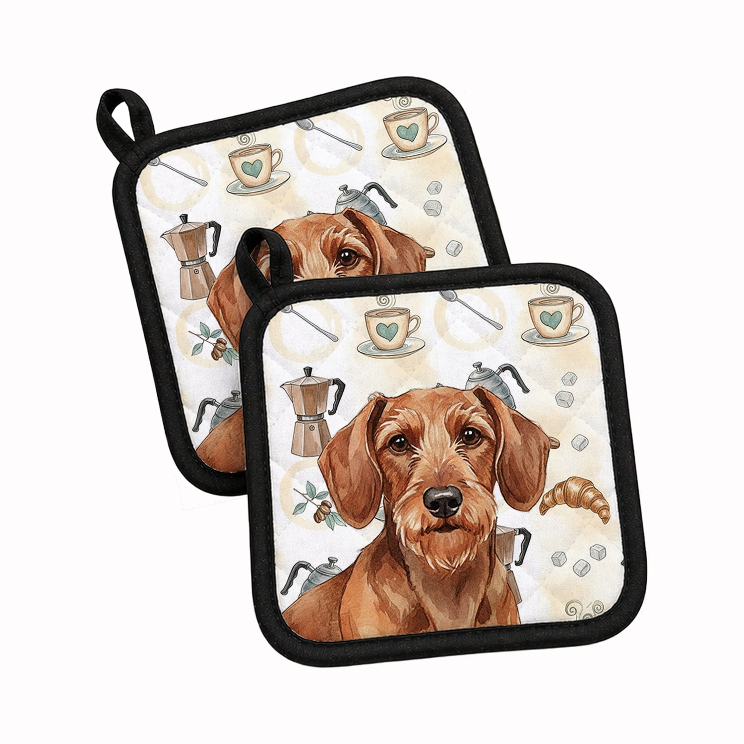 Wirehaired Red Dachshund Coffee Bar Pot Holder Set of 2 Heat Resistant Quilted Hot Pads 7.5 x 7.5 Inch, Insulated Kitchen Trivets for Cooking & Baking