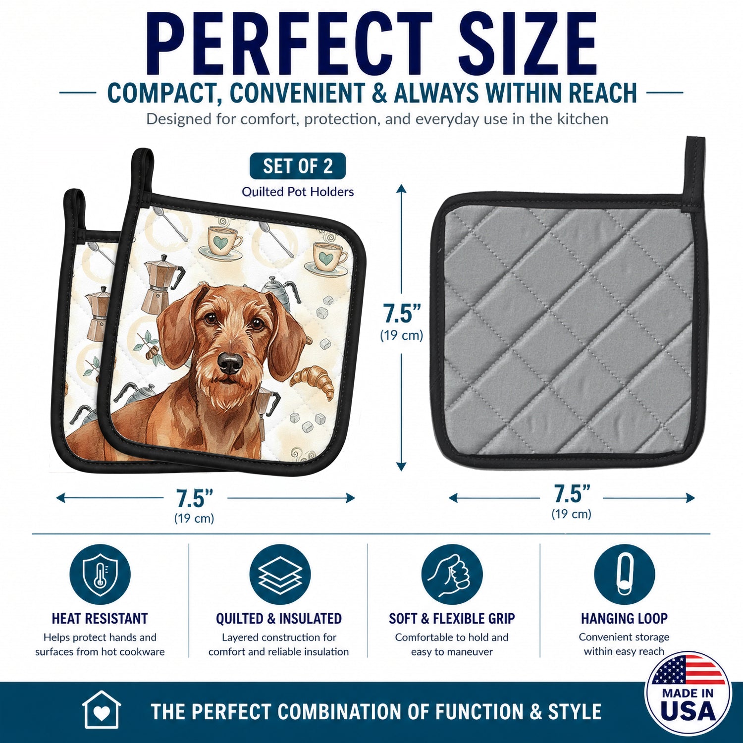 Wirehaired Red Dachshund Coffee Bar Pot Holder Set of 2 Heat Resistant Quilted Hot Pads 7.5 x 7.5 Inch, Insulated Kitchen Trivets for Cooking & Baking