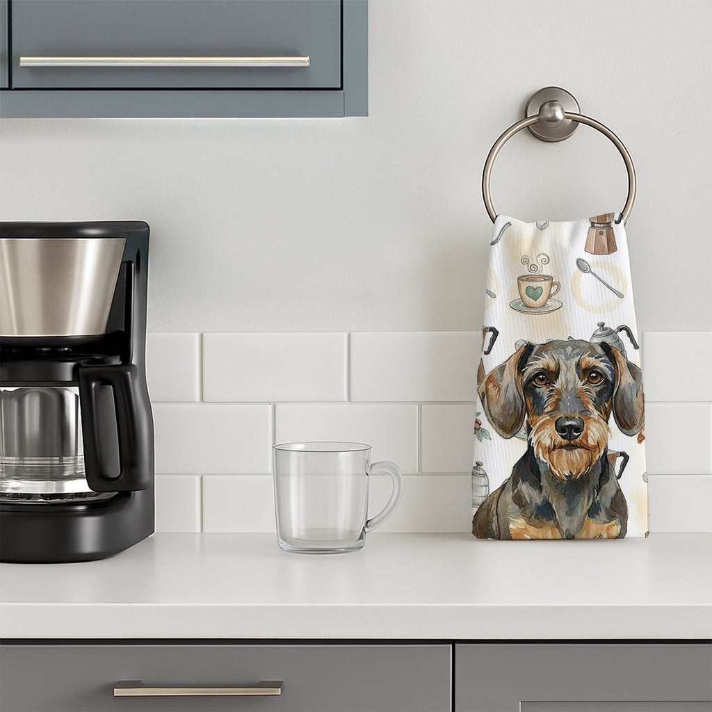 Wirehaired Wild Boar Dachshund Coffee Bar Kitchen Towel Velour Plush Front and Cotton Loop Back Machine Washable