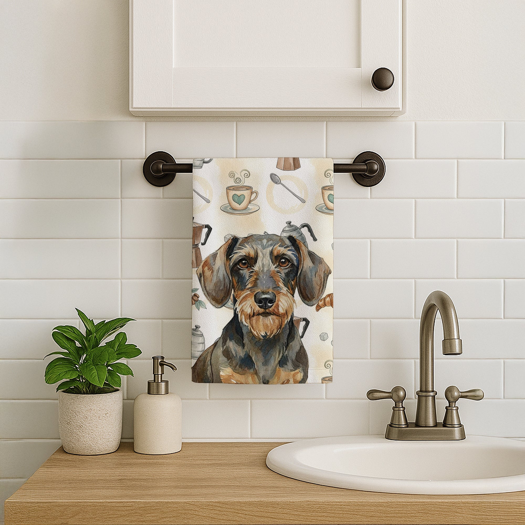 Wirehaired Wild Boar Dachshund Coffee Bar Kitchen Towel Velour Plush Front and Cotton Loop Back Machine Washable