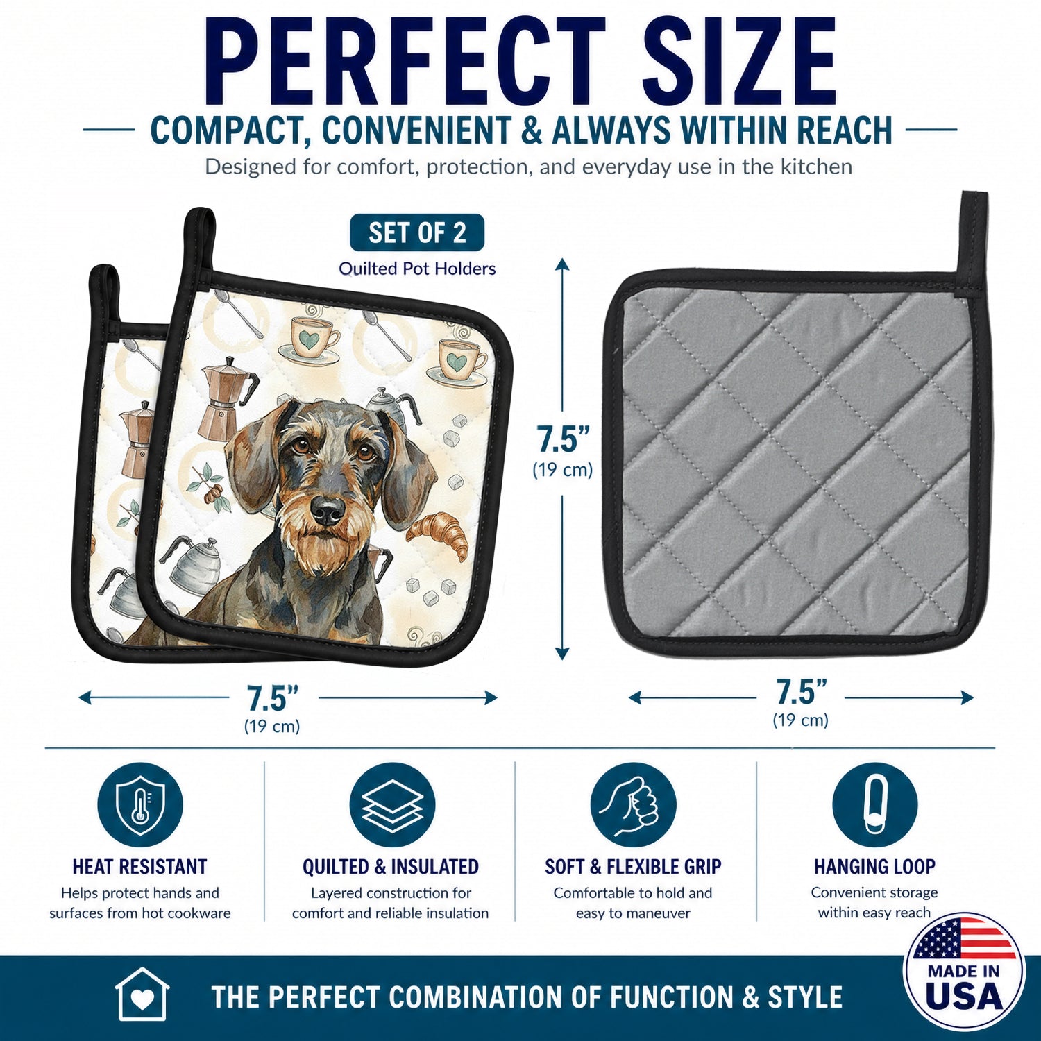 Wirehaired Wild Boar Dachshund Coffee Bar Pot Holder Set of 2 Heat Resistant Quilted Hot Pads 7.5 x 7.5 Inch, Insulated Kitchen Trivets for Cooking & Baking