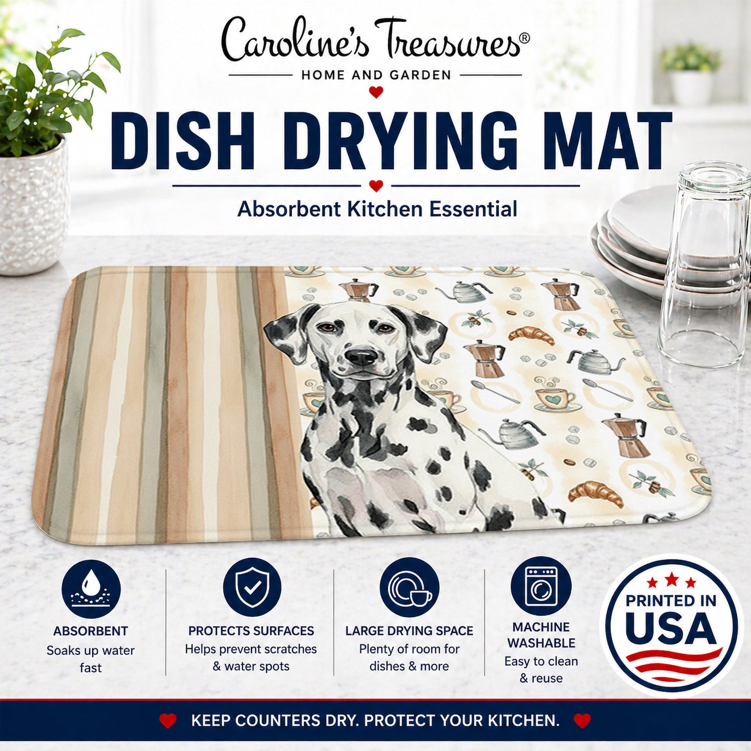Dalmatian Coffee Bar Dish Drying Mat Absorbent Dish Drying Mat Pad for Kitchen Counter Dish Drainer Mat for Countertop, 14 x 21", Multicolor