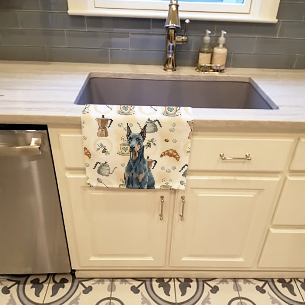 Blue Doberman Pinscher Coffee Bar Kitchen Towel Velour Plush Front and Cotton Loop Back Machine Washable