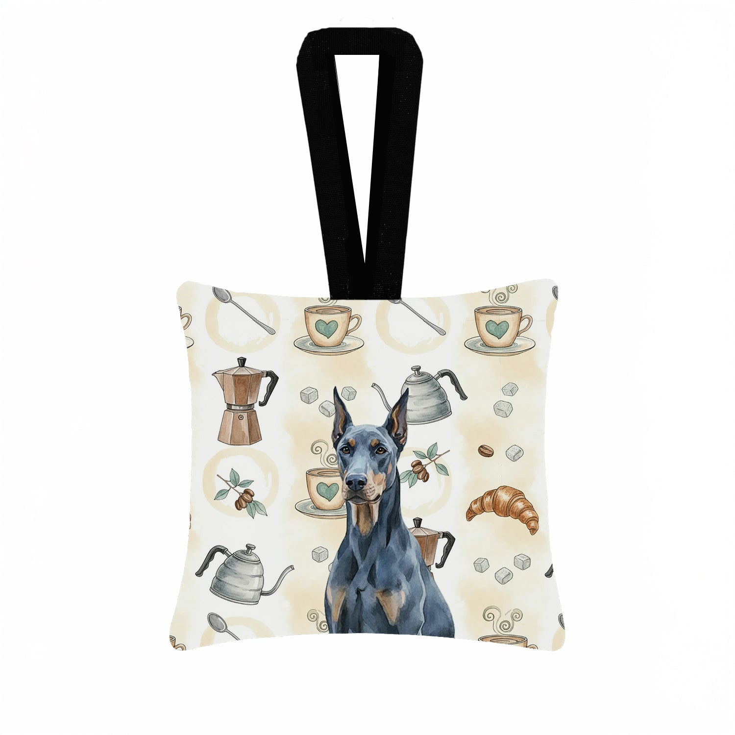 Blue Doberman Pinscher Coffee Bar Hanging Square Fabric Ornament 3.5 � 3.5 Decorative Door-Knob & Tree Hanger, Soft Fabric
