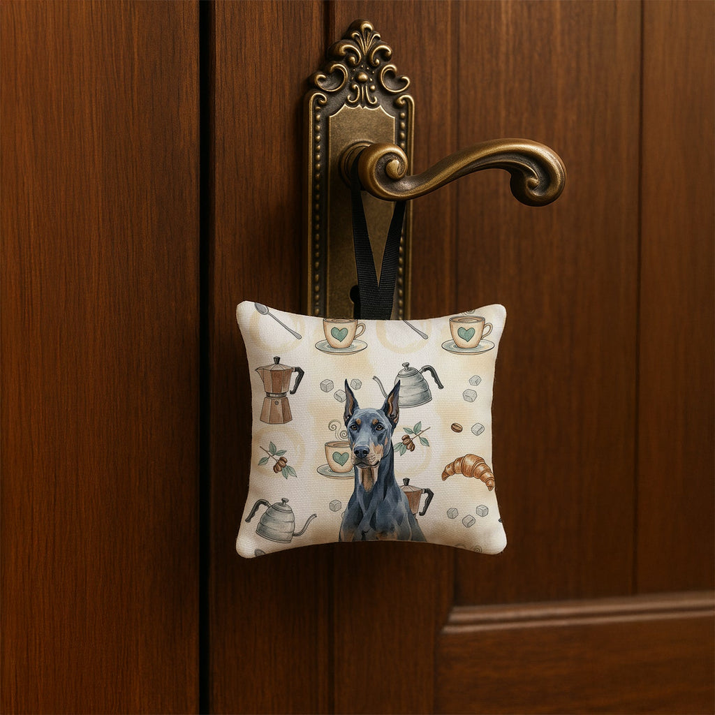 Blue Doberman Pinscher Coffee Bar Hanging Square Fabric Ornament 3.5 � 3.5 Decorative Door-Knob & Tree Hanger, Soft Fabric