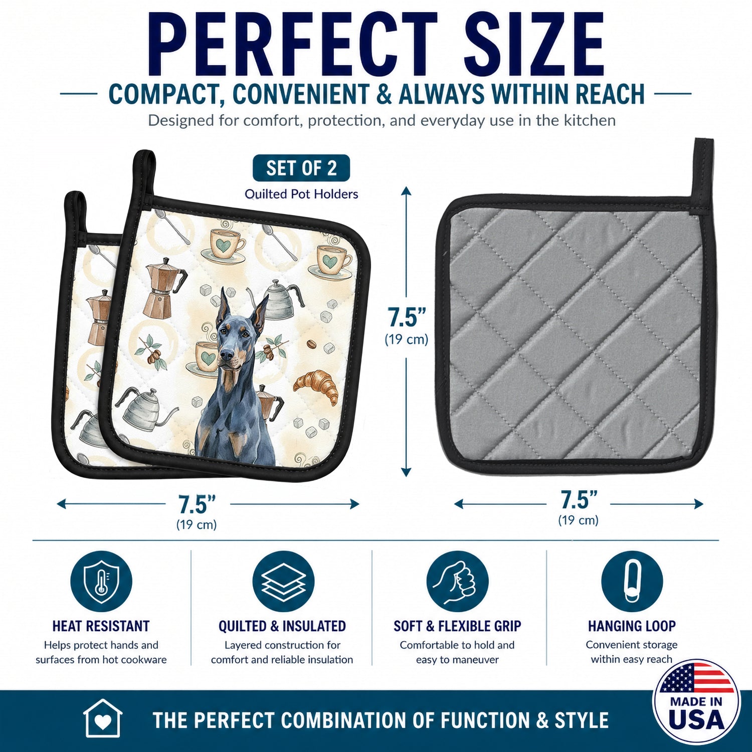 Blue Doberman Pinscher Coffee Bar Pot Holder Set of 2 Heat Resistant Quilted Hot Pads 7.5 x 7.5 Inch, Insulated Kitchen Trivets for Cooking & Baking