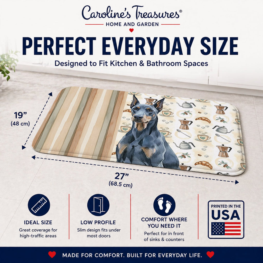 Blue Doberman Pinscher Coffee Bar Memory Foam Kitchen Mat Machine Washable Anti-Fatigue Cushion Comfort Bath or Kitchen Rug
