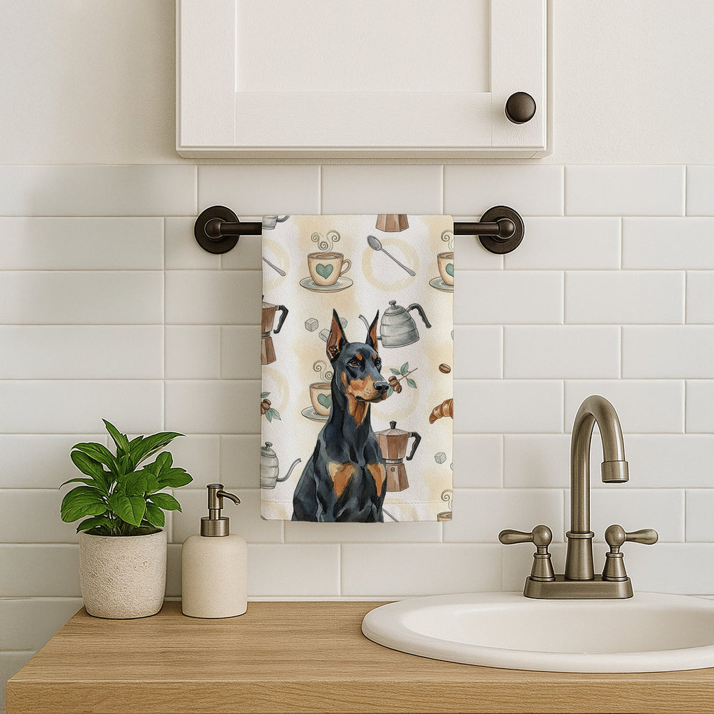 Doberman Pinscher Coffee Bar Kitchen Towel Velour Plush Front and Cotton Loop Back Machine Washable