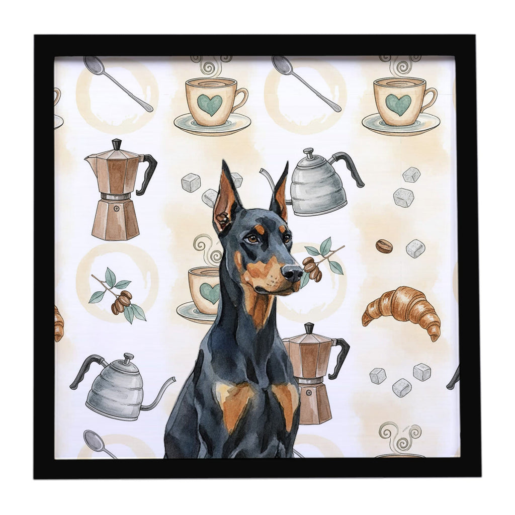 Doberman Pinscher Coffee Bar Framed Metal Print Bathroom, Kitchen, Office, Home Decor Wall Art Ready to Hang, Square, 8X8