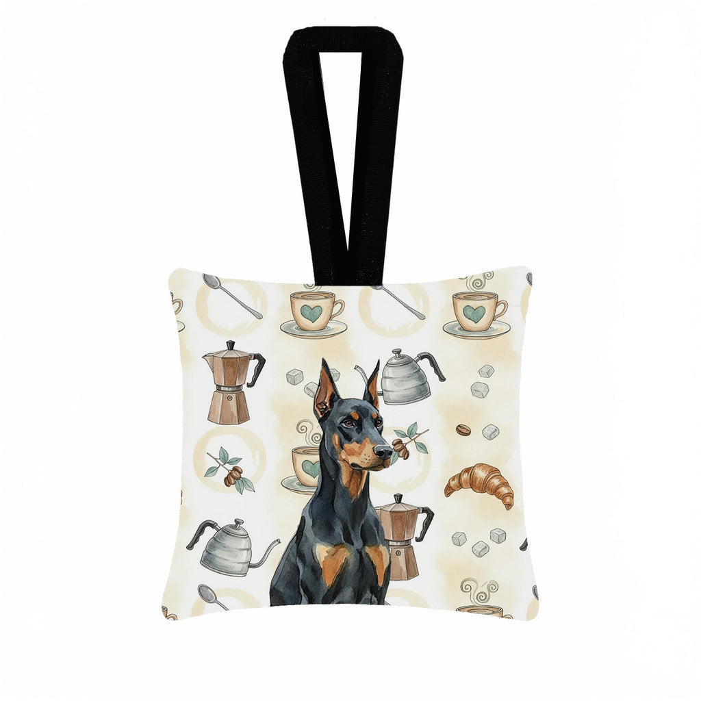 Doberman Pinscher Coffee Bar Hanging Square Fabric Ornament 3.5 � 3.5 Decorative Door-Knob & Tree Hanger, Soft Fabric