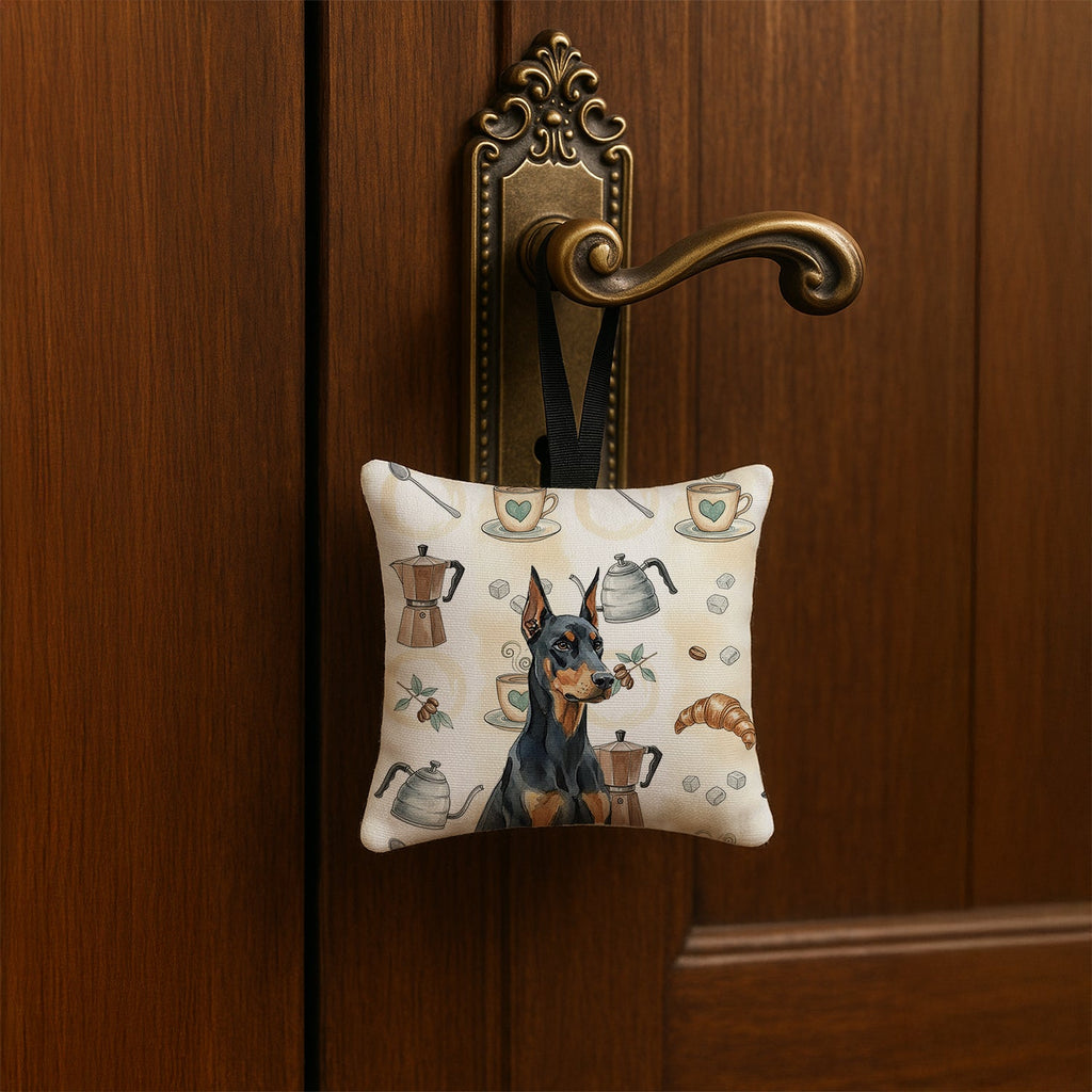 Doberman Pinscher Coffee Bar Hanging Square Fabric Ornament 3.5 � 3.5 Decorative Door-Knob & Tree Hanger, Soft Fabric