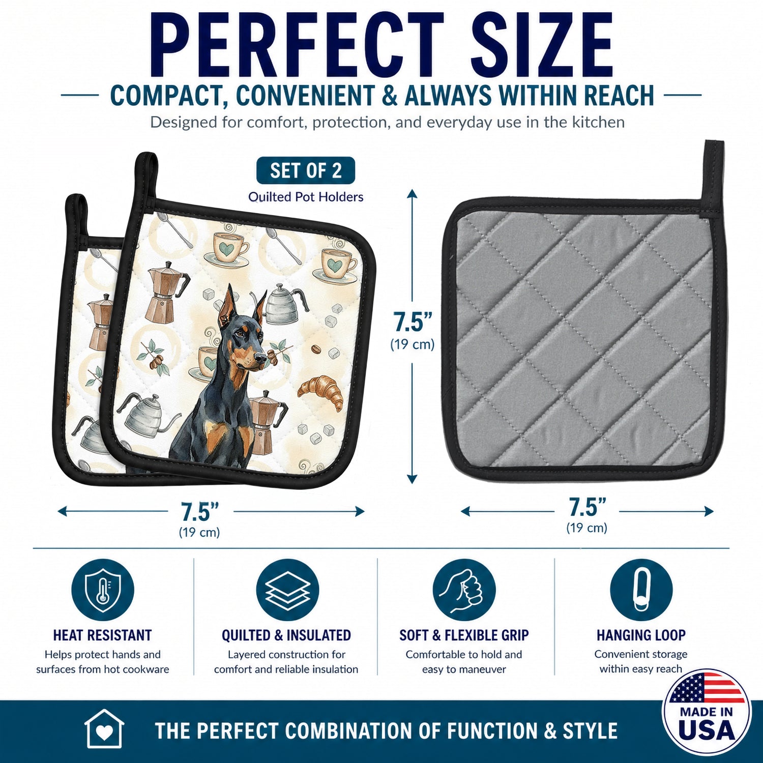Doberman Pinscher Coffee Bar Pot Holder Set of 2 Heat Resistant Quilted Hot Pads 7.5 x 7.5 Inch, Insulated Kitchen Trivets for Cooking & Baking