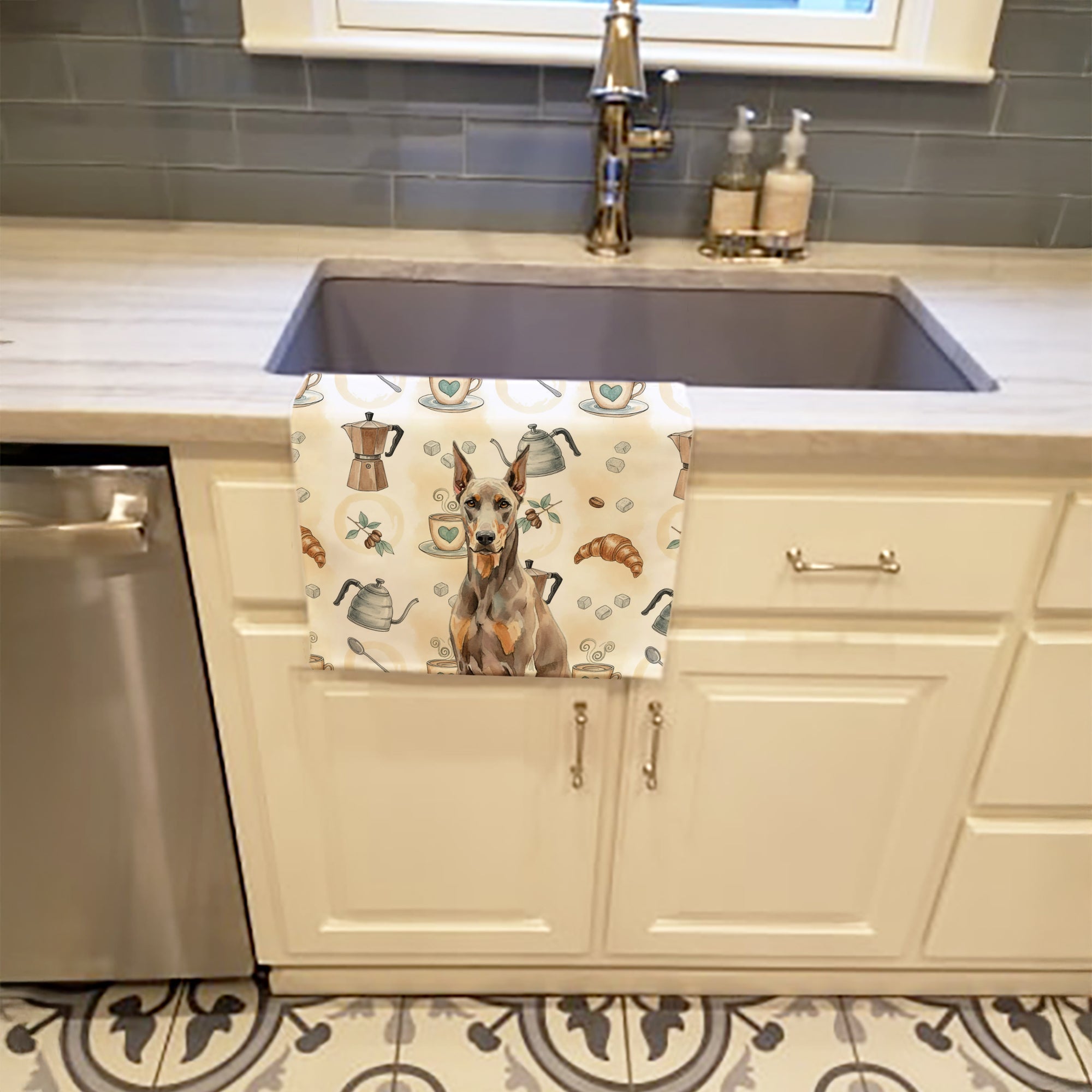Fawn Doberman Pinscher Coffee Bar Kitchen Towel Velour Plush Front and Cotton Loop Back Machine Washable