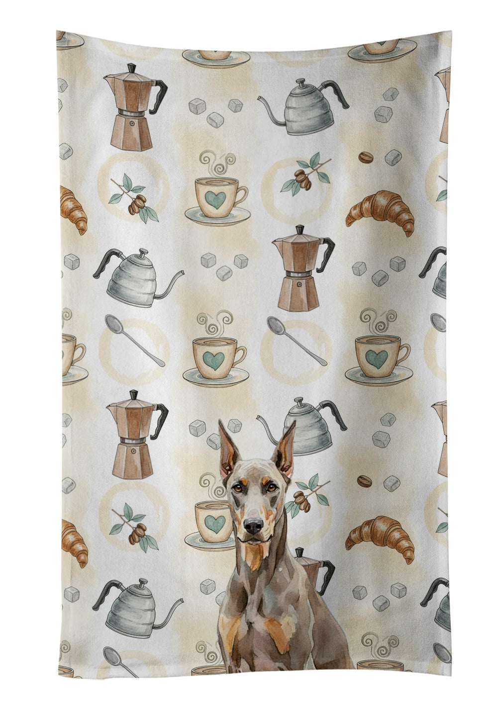 Fawn Doberman Pinscher Coffee Bar Kitchen Towel Velour Plush Front and Cotton Loop Back Machine Washable