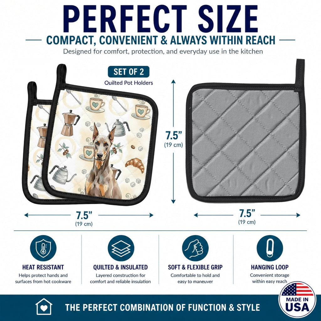 Fawn Doberman Pinscher Coffee Bar Pot Holder Set of 2 Heat Resistant Quilted Hot Pads 7.5 x 7.5 Inch, Insulated Kitchen Trivets for Cooking & Baking