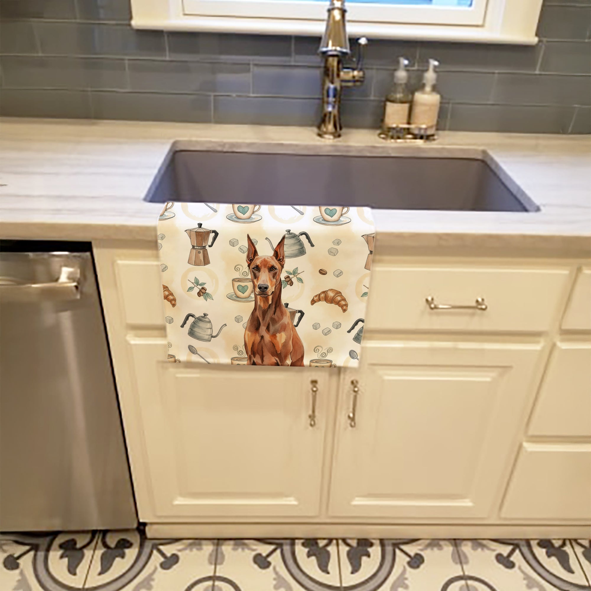 Red Doberman Pinscher Coffee Bar Kitchen Towel Velour Plush Front and Cotton Loop Back Machine Washable