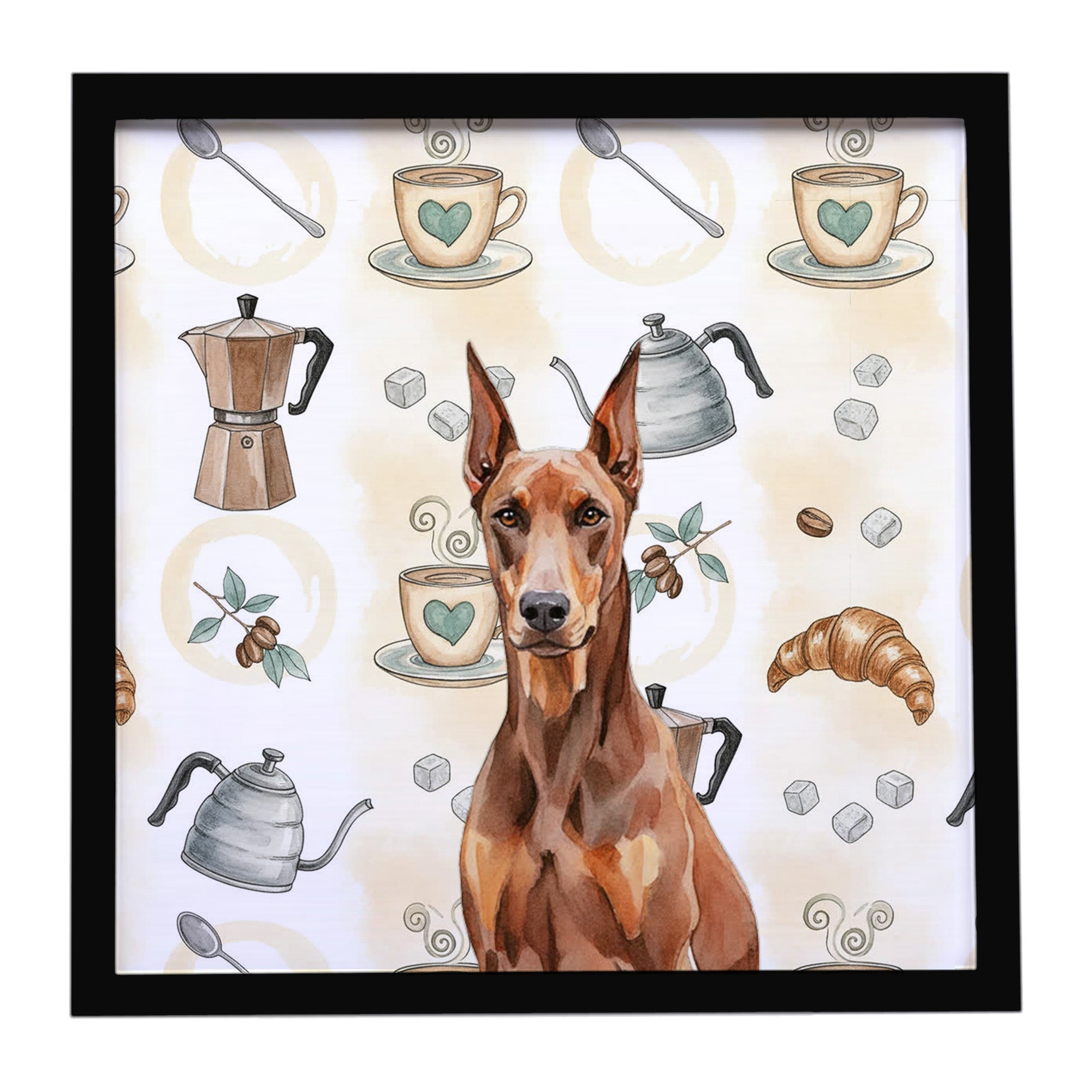 Red Doberman Pinscher Coffee Bar Framed Metal Print Bathroom, Kitchen, Office, Home Decor Wall Art Ready to Hang, Square, 8X8