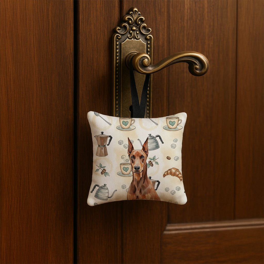 Red Doberman Pinscher Coffee Bar Hanging Square Fabric Ornament 3.5 � 3.5 Decorative Door-Knob & Tree Hanger, Soft Fabric