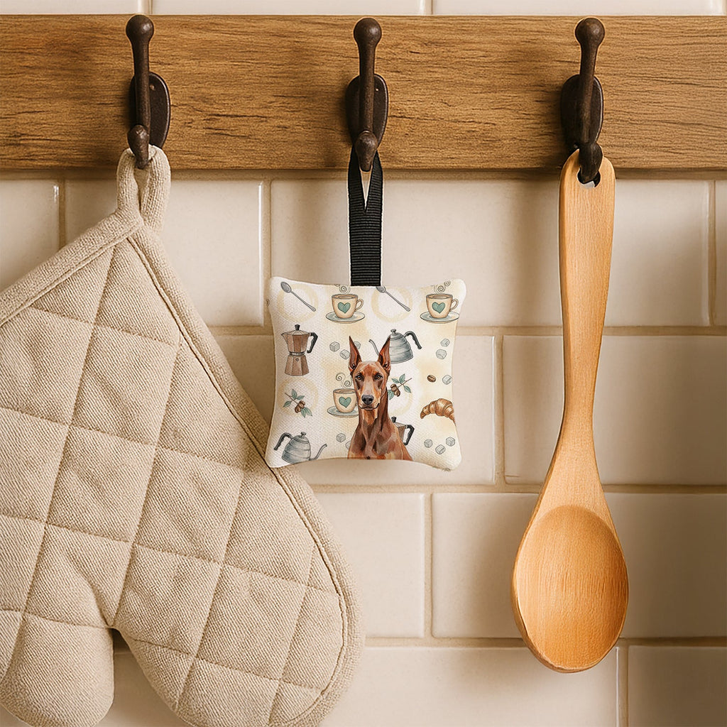 Red Doberman Pinscher Coffee Bar Hanging Square Fabric Ornament 3.5 � 3.5 Decorative Door-Knob & Tree Hanger, Soft Fabric