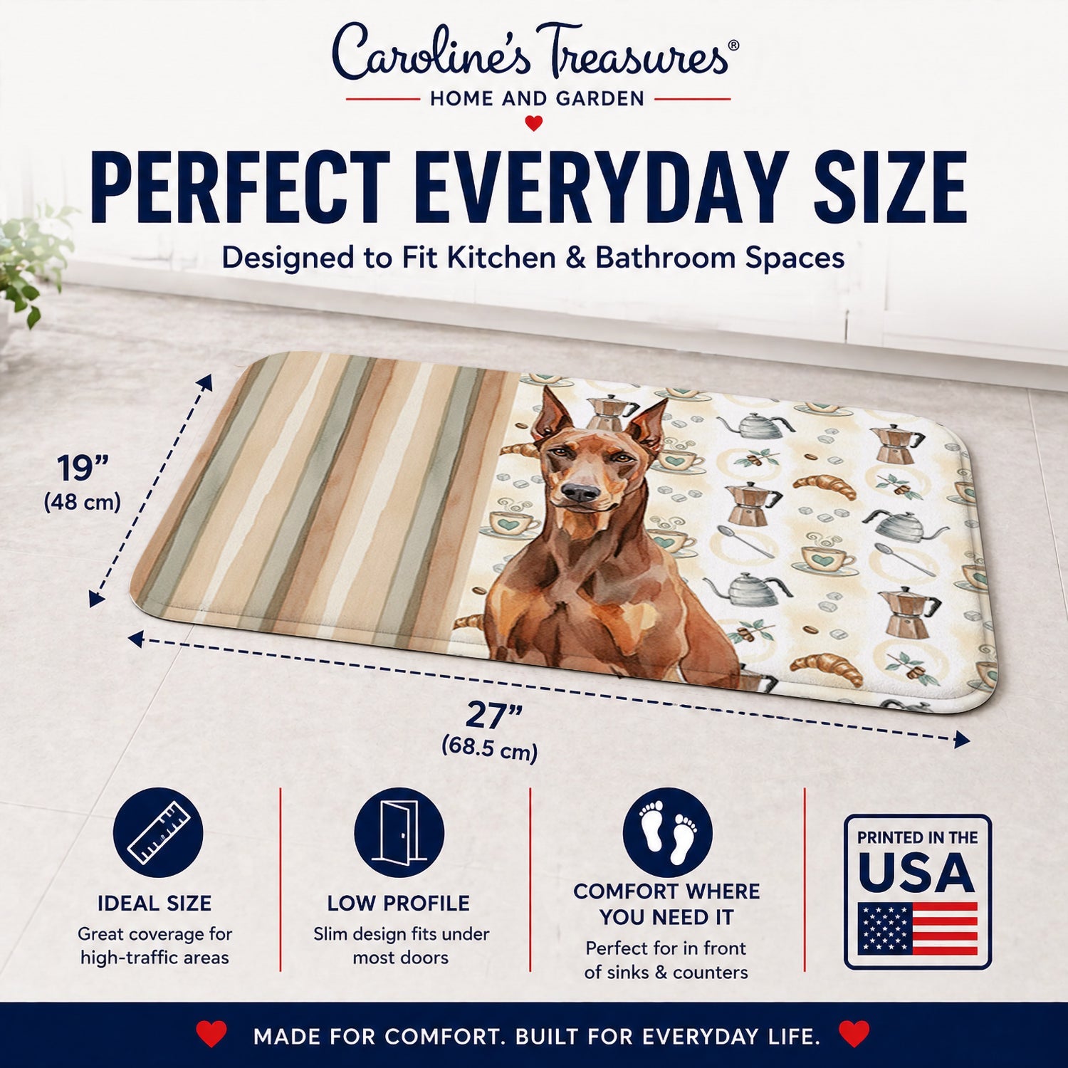 Red Doberman Pinscher Coffee Bar Memory Foam Kitchen Mat Machine Washable Anti-Fatigue Cushion Comfort Bath or Kitchen Rug