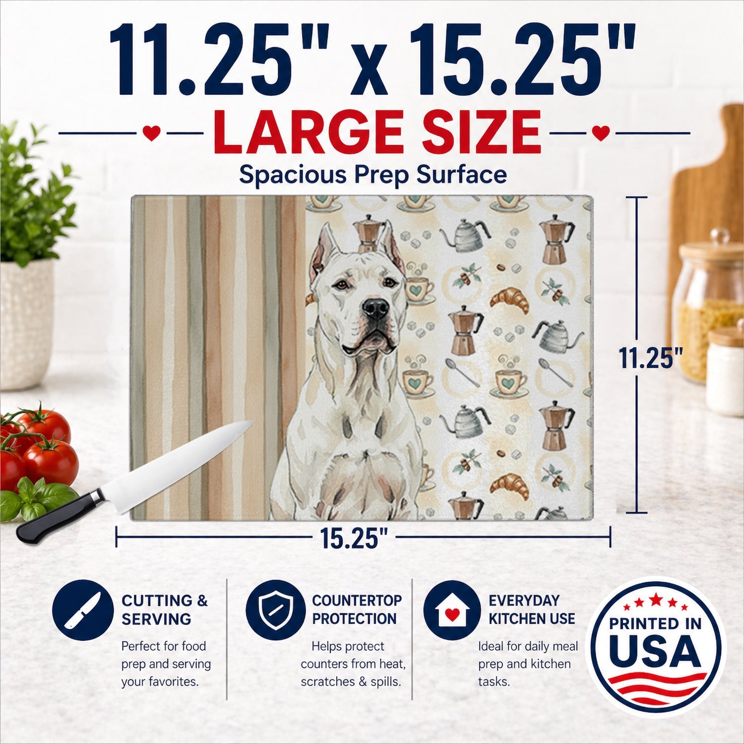 Dogo Argentino Coffee Bar Cutting Board Tempered Glass Kitchen Cutting Surface, Heat Resistant Chopping, Non-Slip Feet, Food Prep & Serving
