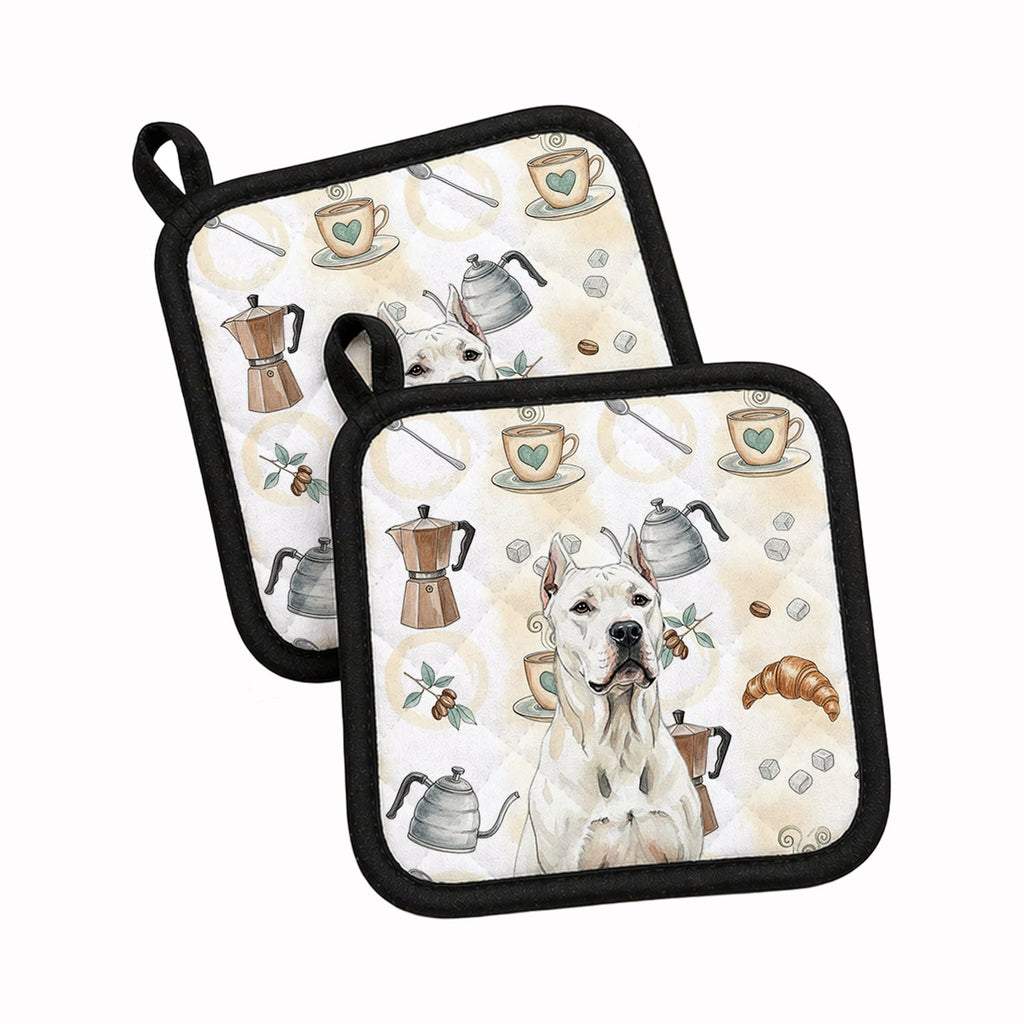 Dogo Argentino Coffee Bar Pot Holder Set of 2 Heat Resistant Quilted Hot Pads 7.5 x 7.5 Inch, Insulated Kitchen Trivets for Cooking & Baking