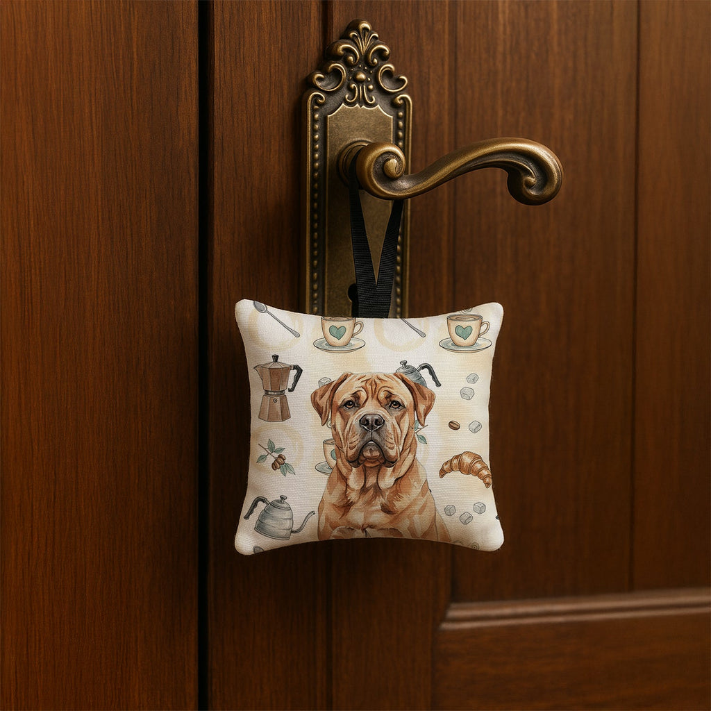 Dogue de Bordeaux Coffee Bar Hanging Square Fabric Ornament 3.5 � 3.5 Decorative Door-Knob & Tree Hanger, Soft Fabric