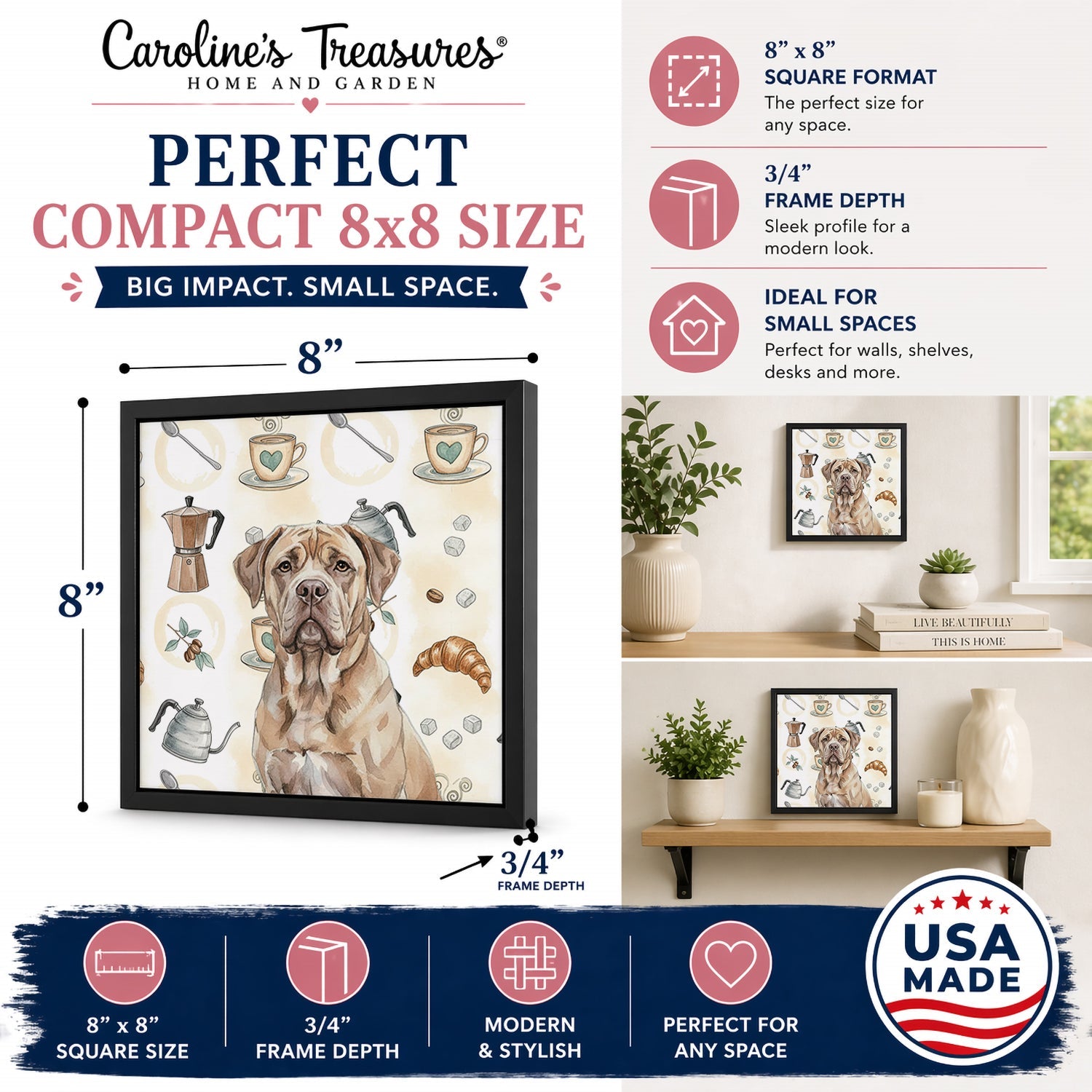 Isabella Dogue de Bordeaux Coffee Bar Framed Metal Print Bathroom, Kitchen, Office, Home Decor Wall Art Ready to Hang, Square, 8X8