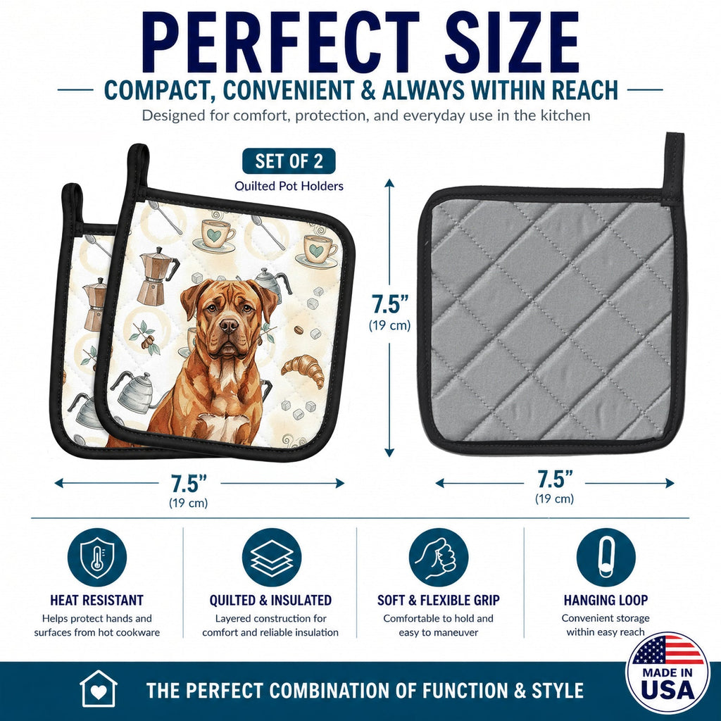 Mahogany Dogue de Bordeaux Coffee Bar Pot Holder Set of 2 Heat Resistant Quilted Hot Pads 7.5 x 7.5 Inch, Insulated Kitchen Trivets for Cooking & Baking