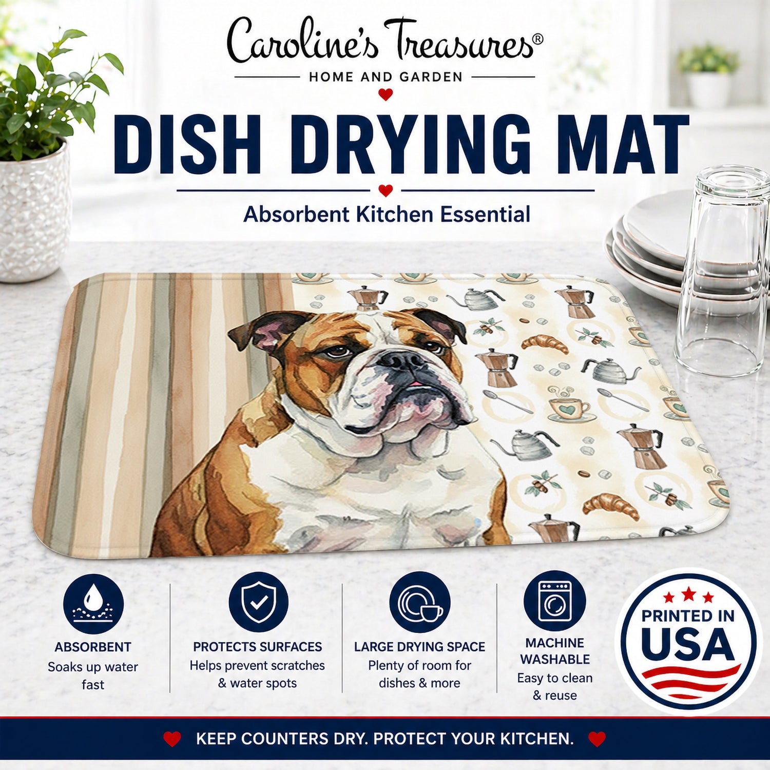 Brindle and White English Bulldog Coffee Bar Dish Drying Mat Absorbent Dish Drying Mat Pad for Kitchen Counter Dish Drainer Mat for Countertop, 14 x 21", Multicolor