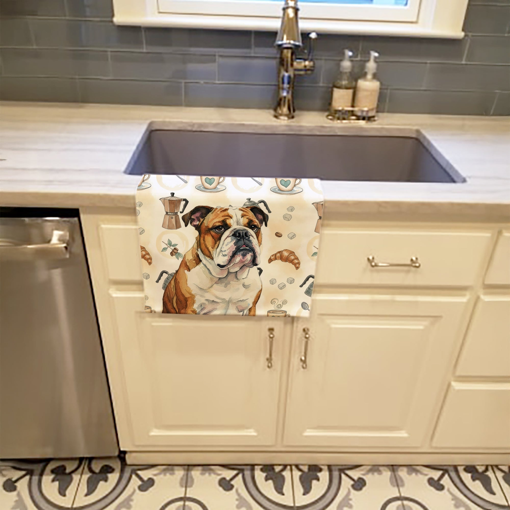 Brindle and White English Bulldog Coffee Bar Kitchen Towel Velour Plush Front and Cotton Loop Back Machine Washable