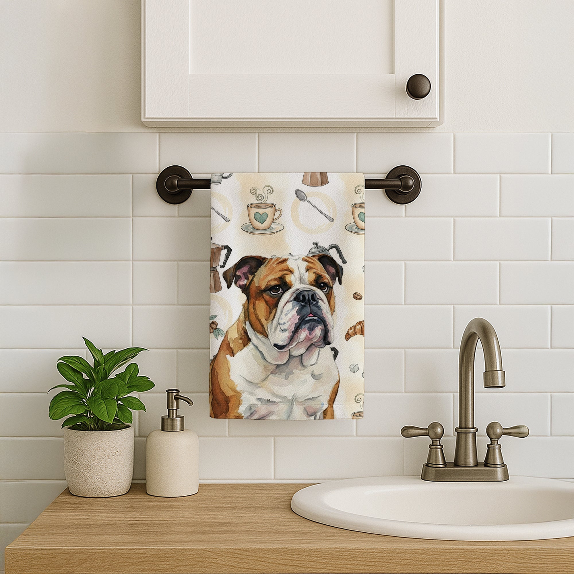 Brindle and White English Bulldog Coffee Bar Kitchen Towel Velour Plush Front and Cotton Loop Back Machine Washable