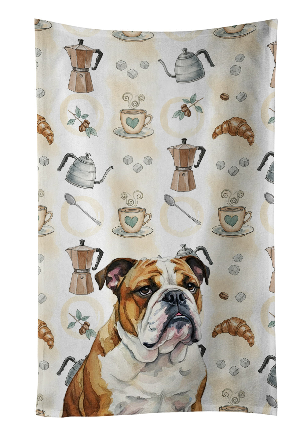 Brindle and White English Bulldog Coffee Bar Kitchen Towel Velour Plush Front and Cotton Loop Back Machine Washable
