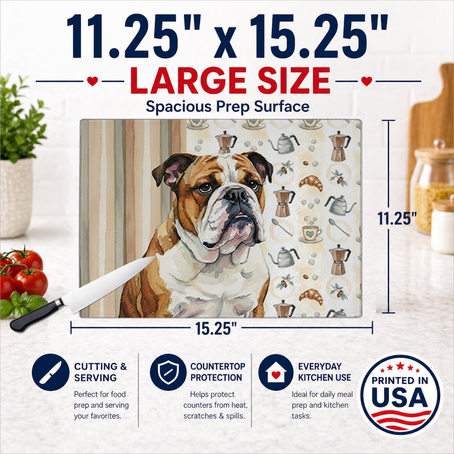 Brindle and White English Bulldog Coffee Bar Cutting Board Tempered Glass Kitchen Cutting Surface, Heat Resistant Chopping, Non-Slip Feet, Food Prep & Serving