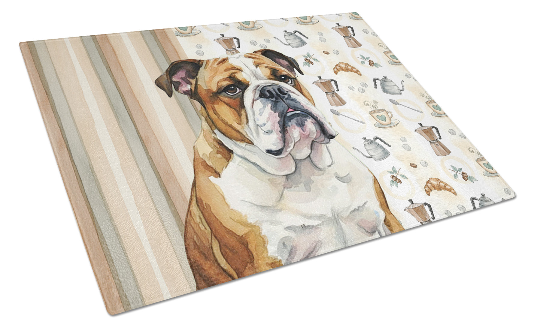 Brindle and White English Bulldog Coffee Bar Cutting Board Tempered Glass Kitchen Cutting Surface, Heat Resistant Chopping, Non-Slip Feet, Food Prep & Serving