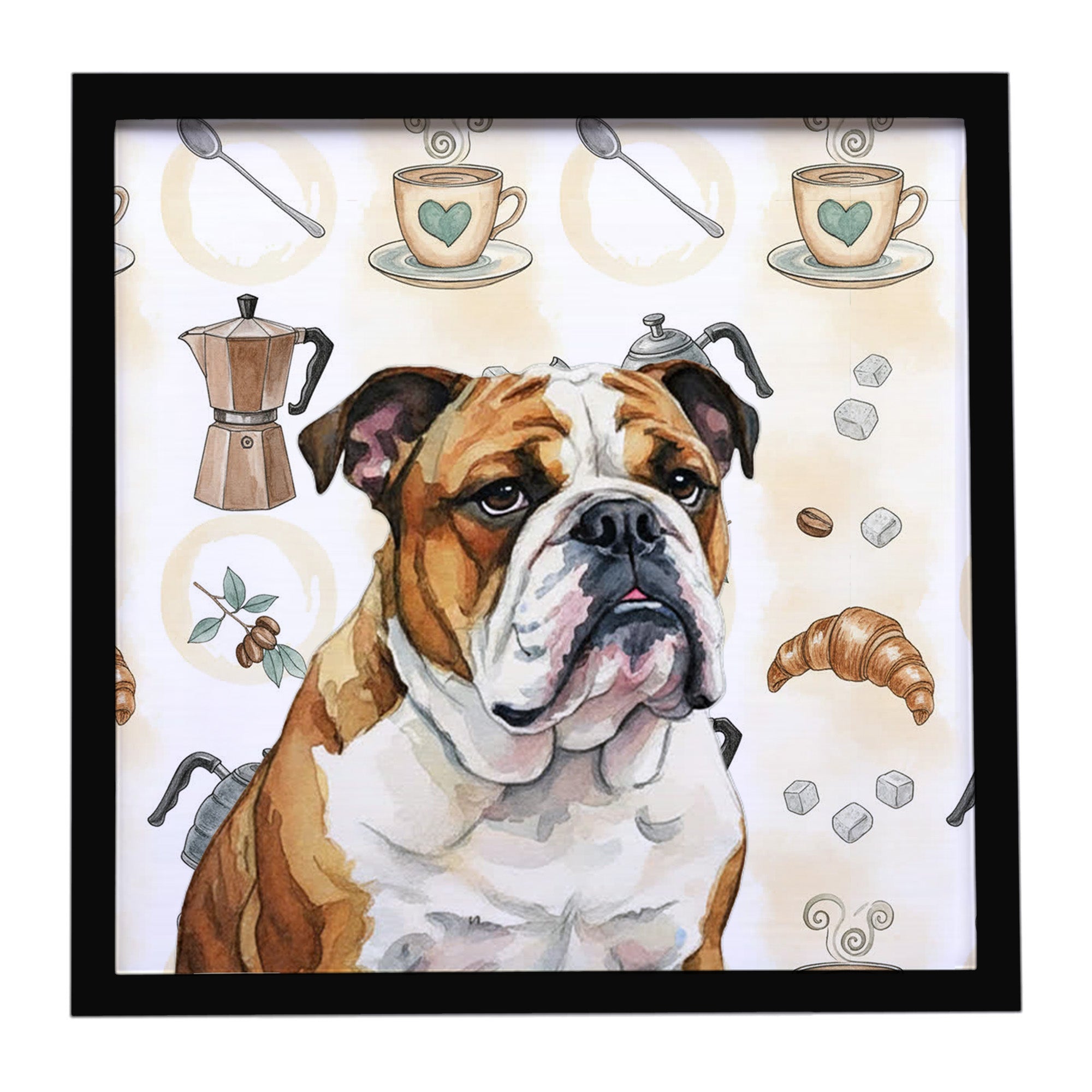 Brindle and White English Bulldog Coffee Bar Framed Metal Print Bathroom, Kitchen, Office, Home Decor Wall Art Ready to Hang, Square, 8X8