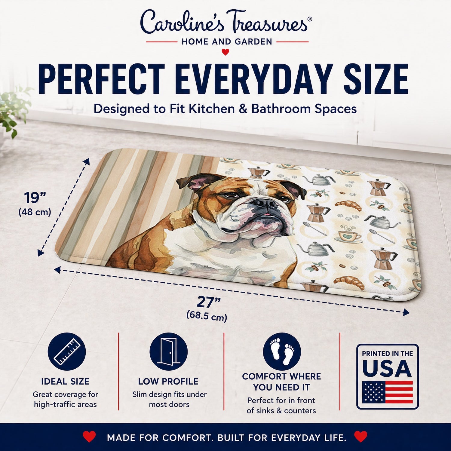 Brindle and White English Bulldog Coffee Bar Memory Foam Kitchen Mat Machine Washable Anti-Fatigue Cushion Comfort Bath or Kitchen Rug