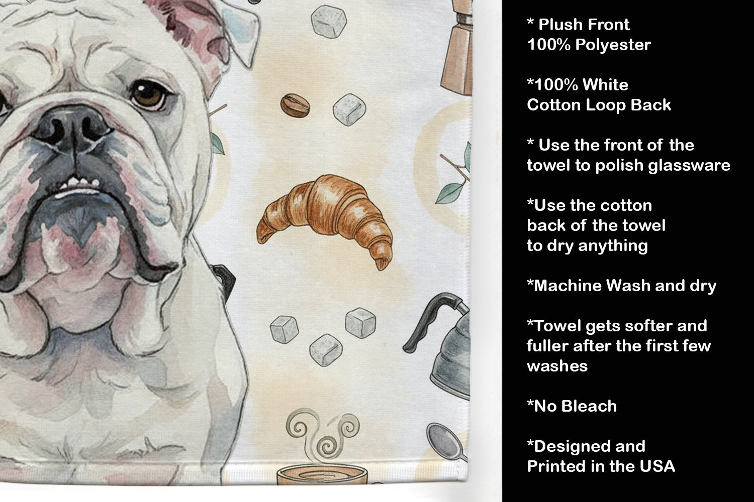 White English Bulldog Coffee Bar Kitchen Towel Velour Plush Front and Cotton Loop Back Machine Washable