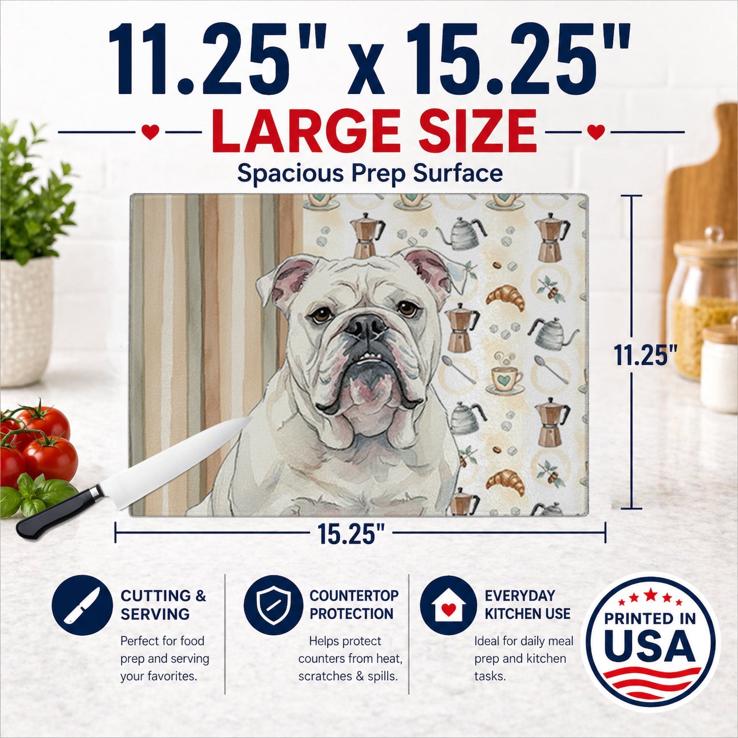 White English Bulldog Coffee Bar Cutting Board Tempered Glass Kitchen Cutting Surface, Heat Resistant Chopping, Non-Slip Feet, Food Prep & Serving