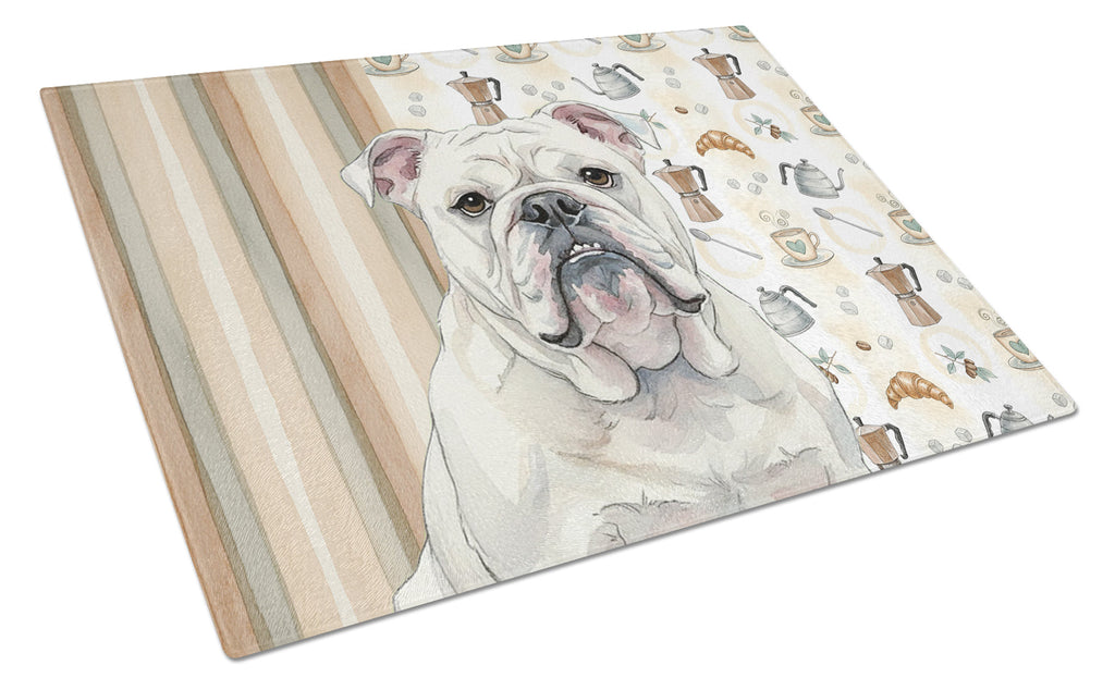 White English Bulldog Coffee Bar Cutting Board Tempered Glass Kitchen Cutting Surface, Heat Resistant Chopping, Non-Slip Feet, Food Prep & Serving