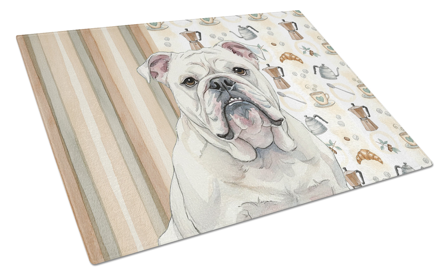 White English Bulldog Coffee Bar Cutting Board Tempered Glass Kitchen Cutting Surface, Heat Resistant Chopping, Non-Slip Feet, Food Prep & Serving